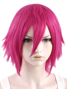Perruque femme courte droite fuchsia ébouriffée résistante à la chaleur