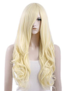 Perruque femme longue frisée dorée claire de boucles en bas et raie de côté
