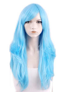 Perruque chic femme longue bleu ciel claire de raie de côté et frange oblique