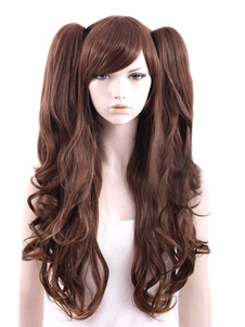 Perruque femme longue frisée marronne de raie de côté et frange oblique