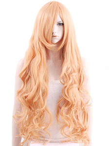 Perruque femme longue orange claire avec boucles volumineuses et raie de côté