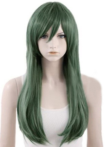 Perruque femme de qualité longue droite verte foncée ébouriffée en fibre