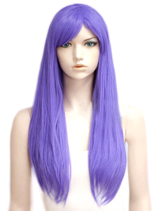 Perruque femme chic longue droite violette avec frange oblique