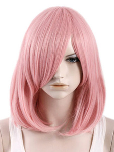 Perruque femme moyenne rose ébouriffée avec boucles en bas et raie de côté