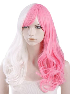 Perruque femme longue bicolore blanc et rose avec frange oblique et bout frisé