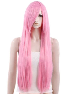 Délicate perruque femme longue rose ébouriffée en fibre droite et raie de côté