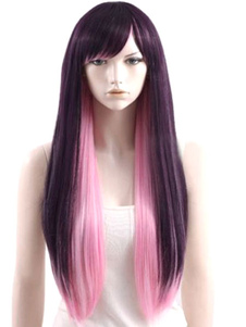 Perruque femme longue droite bicolore violet et rose avec frange oblique