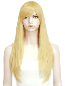 Perruque femme chic longue droite d'or avec frange oblique de qualité