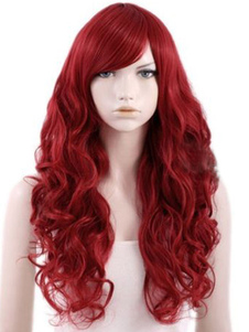 Perruque longue frisée bordeaux de boucles volumineuses et frange oblique