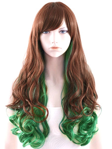 Perruque femme longue frisée bicolore marron et vert avec frange oblique