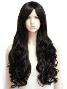 Perruque longue frisée noir brunâtre en fibre de raie au milieu