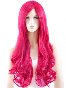 Perruque femme longue frisée rose foncée en fibre de raie au milieu