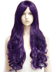 Perruque femme longue frisée violette foncée en fibre de raie au milieu