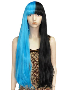 Perruque femme longue bicolore bleu et noir en fibre droite et frange droite