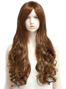 Perruque femme longue frisée marronne en fibre de raie au milieu