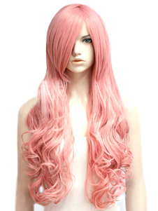 Perruque longue frisée rose ébouriffée en fibre de raie de côté