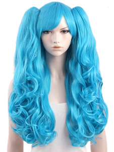 Perruque femme longue frisée bleue ébouriffée avec frange oblique