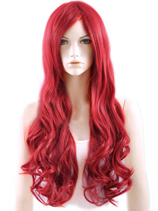 Perruque femme frisée longue rouge ébouriffée en fibre de raie au milieu