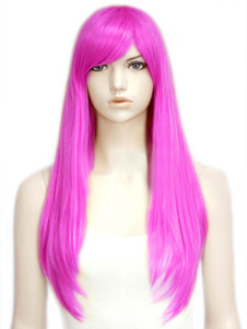 Perruque femme chic longue droite fuchsia avec frange oblique