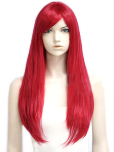 Perruque femme chic longue droite rouge avec frange oblique de qualité