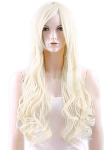 Perruque parfaite femme longue écru blanche frisée de boucles en spirale