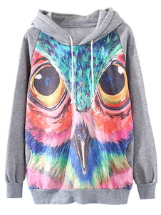 Sweat-shirt femme surdimensionné en coton mélangé gris imprimé hibou