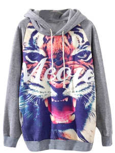 Sweater à capuche en coton mélangé gris imprimé tigre