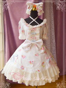 Robe Lolita blanche impression séduisante en chiffon écru avec noeud douse
