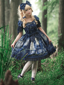 Robe lolita en coton imprimé artistique avec noeud devant et lacets au dos