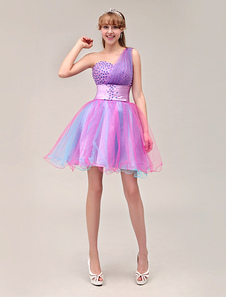 Mini robe de cérémonie A-ligne en tulle color-block à une épaule avec perles et taille moulante