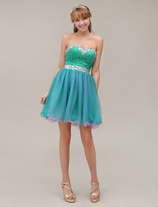 Mini robe de cérémonie multicouche en organza color-block d'encolure en coeur avec strass