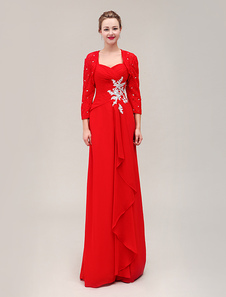 Robe mère de mariés en chiffon de col en coeur avec perles et dentelle à volants