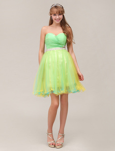 Mini robe de cérémonie en tulle plissé color-block encolure en coeur avec strass sru la taille