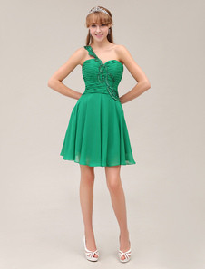 Mini robe de cérémonie en chiffon vert de mer à une épaule de col cœur avec plissement et applique