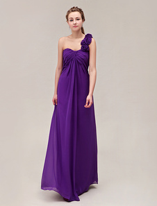 Robe demoiselle honneur bustier en chiffon plissé à une épaule avec fleur longueur plancher