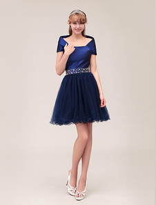 Mini robe de cérémonie A-ligne en taffetas bleu royal de col montant avec perle sur la taille