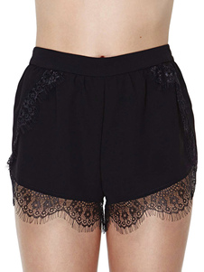 Populaire short féminin en polyester noir unicolore avec dentelle à taille naturelle
