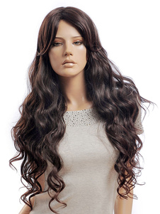 Perruque chic féminine longue châtaigne de boucles frisées et raie de côté