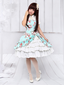 Robe lolita en coton bleu océane imprimé fleuri avec volant