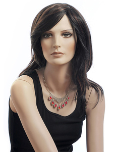 Perruque femme parfaite longue noire brunâtre ébouriffée de raie de côté