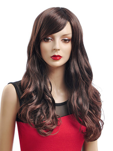 Perruque longue frisée châtaigne en kanekalon avec frange