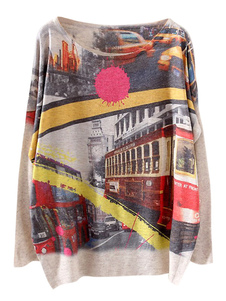 Pull femme imprimé de rue surdimensionné de manche chauve-souris