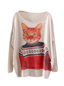 Pull surdimensionné imprimé chat à manche chauve-souris