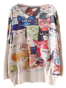 Pull imprimé de chats colorés à manche chauve-souris