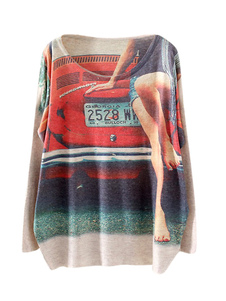 Pull imprimé de voiture surdimensionné manche chauve-souris