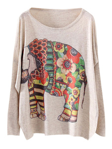 Pull écru blanc imprimé éléphant de manche chauve-souris