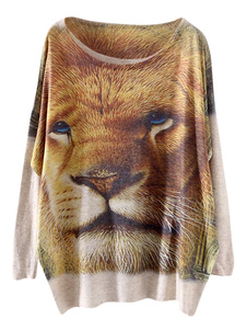 Pull femme imprimé de lion surdimensionné manche chauve-souris