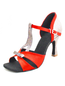 Chaussure de danse latine bicolore à talon évasé et bout ouvert avec nœud