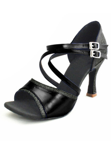 Chaussure de danse latine en PU unicolore à talon évasé et bout ouvert