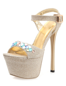 Chaussure femme plateforme à bout ouvert à talon aigu d'or avec strass